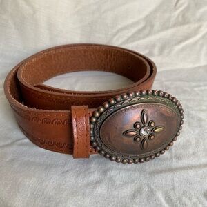 Vintage Landes Women’s Large Brown Italian Leather Embossed Belt w/Copper Buckle